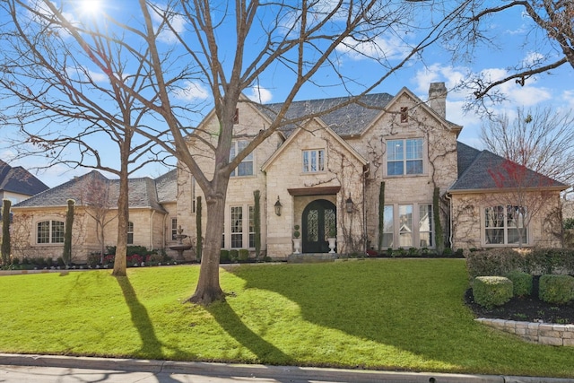 view of front facade featuring a chimney and a front yard