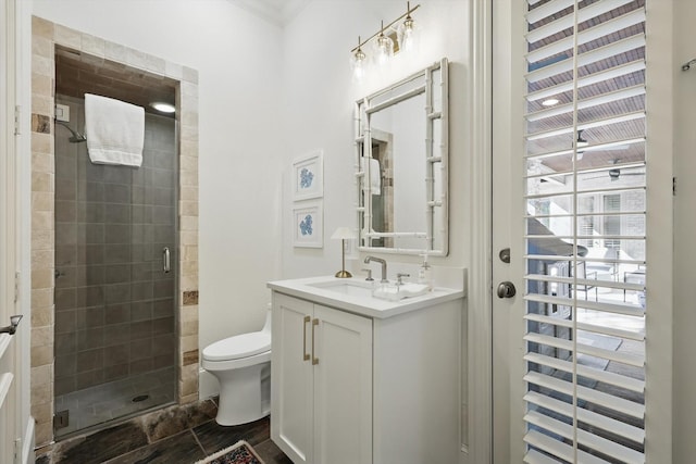 bathroom with toilet, a shower stall, and vanity