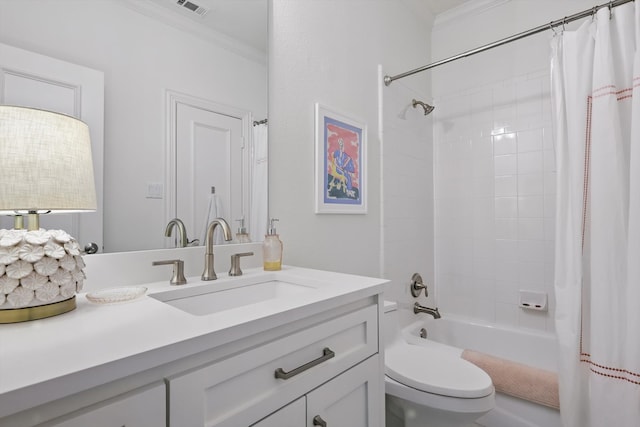 full bath featuring crown molding, visible vents, toilet, shower / bath combo with shower curtain, and vanity