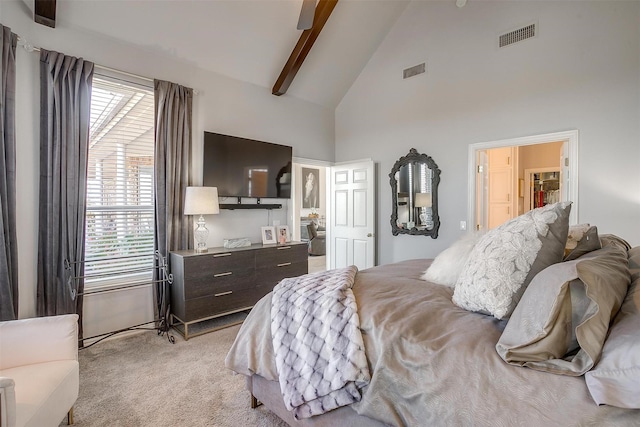 bedroom featuring light carpet, high vaulted ceiling, beamed ceiling, and visible vents