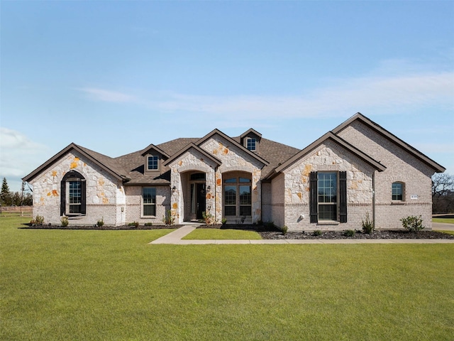 french country home featuring a front lawn and brick siding