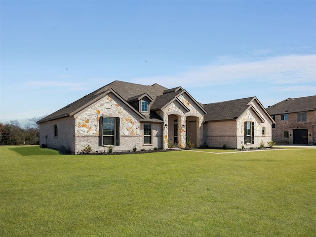 french provincial home with a front yard and brick siding