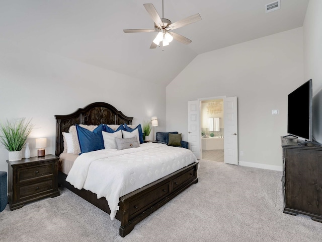 bedroom featuring light carpet, baseboards, visible vents, a ceiling fan, and ensuite bathroom