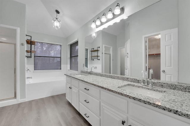 bathroom featuring a stall shower, a sink, and wood finished floors