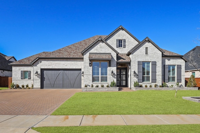 french country home featuring decorative driveway, brick siding, a shingled roof, an attached garage, and a front lawn