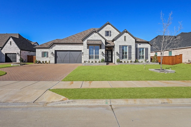 french country home featuring a garage, fence, decorative driveway, a front lawn, and brick siding