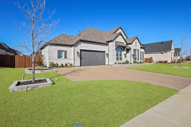 french provincial home featuring a garage, roof with shingles, fence, decorative driveway, and a front yard