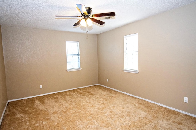 spare room featuring carpet floors, a wealth of natural light, ceiling fan, and a textured ceiling