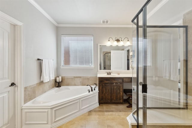 full bathroom with a bath, a stall shower, tile patterned flooring, and visible vents