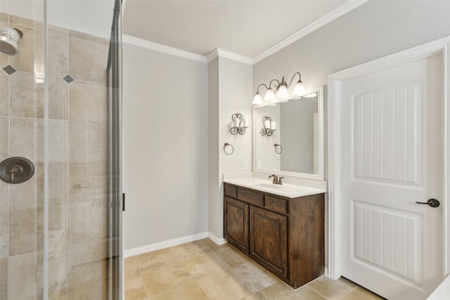 full bath featuring tile patterned flooring, vanity, baseboards, ornamental molding, and a tile shower