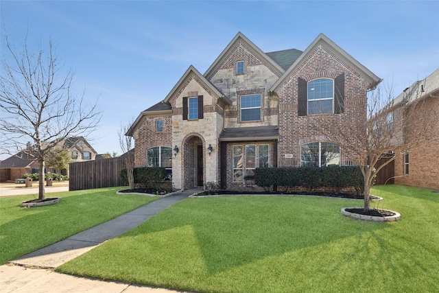 view of front facade featuring a front yard, stone siding, brick siding, and fence