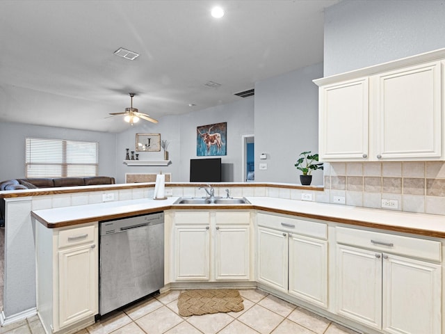 kitchen with ceiling fan, a sink, visible vents, open floor plan, and dishwasher