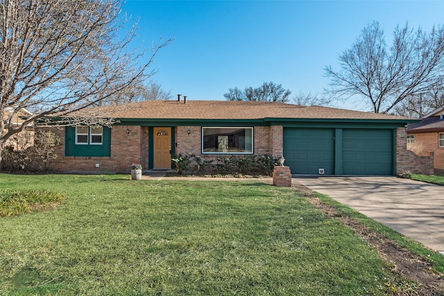 ranch-style house featuring a front lawn, brick siding, driveway, and an attached garage