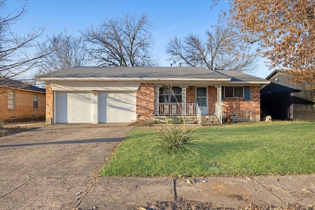 ranch-style house featuring brick siding, a porch, a garage, driveway, and a front lawn