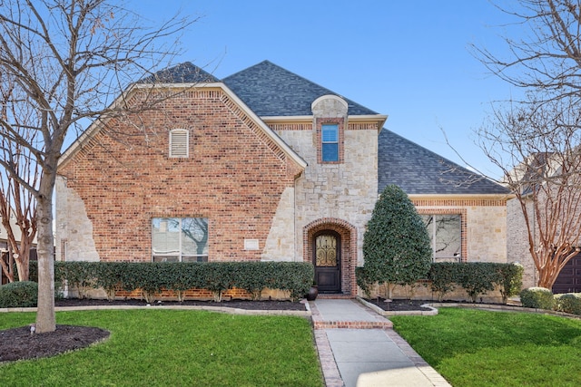 view of front of home featuring brick siding, a front yard, and a shingled roof