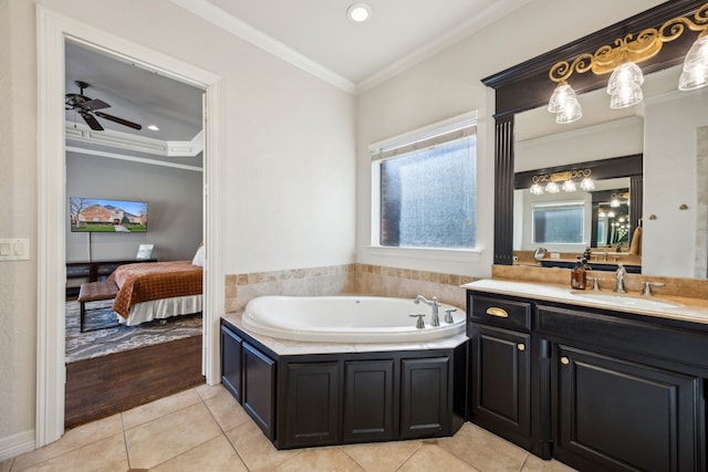 ensuite bathroom with a garden tub, crown molding, vanity, ensuite bath, and tile patterned flooring