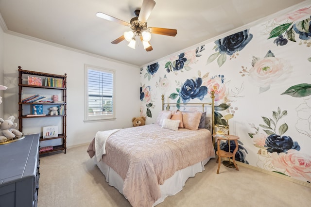 bedroom with wallpapered walls, baseboards, crown molding, and light colored carpet