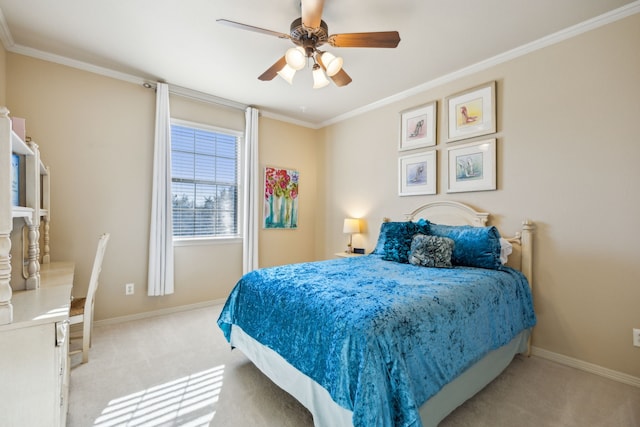 bedroom with light carpet, baseboards, and ornamental molding