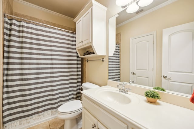 bathroom with visible vents, crown molding, vanity, and toilet