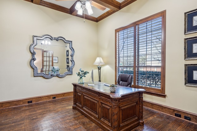 home office featuring ceiling fan, crown molding, dark wood-style flooring, and baseboards