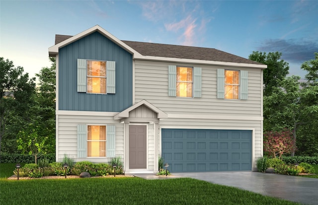 view of front of house with board and batten siding, concrete driveway, a front lawn, and a garage