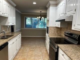 kitchen featuring electric range, ornamental molding, a sink, dishwasher, and under cabinet range hood