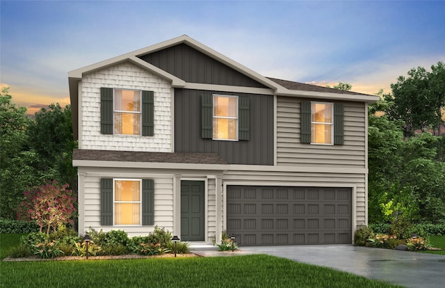 traditional-style home featuring driveway, board and batten siding, and an attached garage