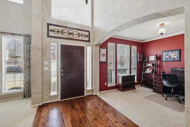 carpeted foyer entrance featuring wood-type flooring, baseboards, crown molding, and a high ceiling