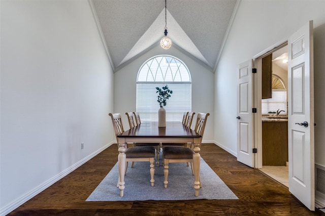 dining area featuring a textured ceiling, baseboards, vaulted ceiling, and dark wood-type flooring