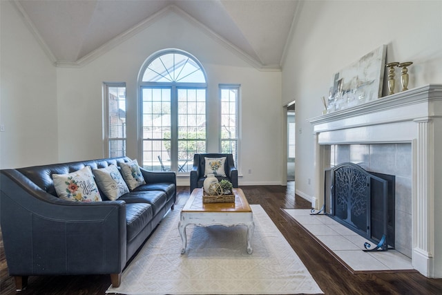 living room with vaulted ceiling, a fireplace, wood finished floors, and crown molding