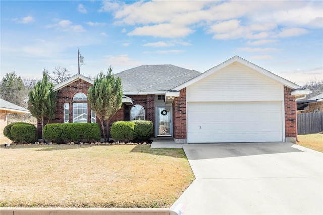 ranch-style house with an attached garage, brick siding, a shingled roof, driveway, and a front lawn