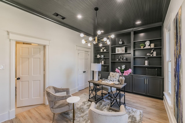 office area featuring light wood-type flooring, wooden ceiling, and a chandelier