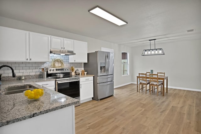 kitchen featuring tasteful backsplash, appliances with stainless steel finishes, white cabinetry, a sink, and under cabinet range hood