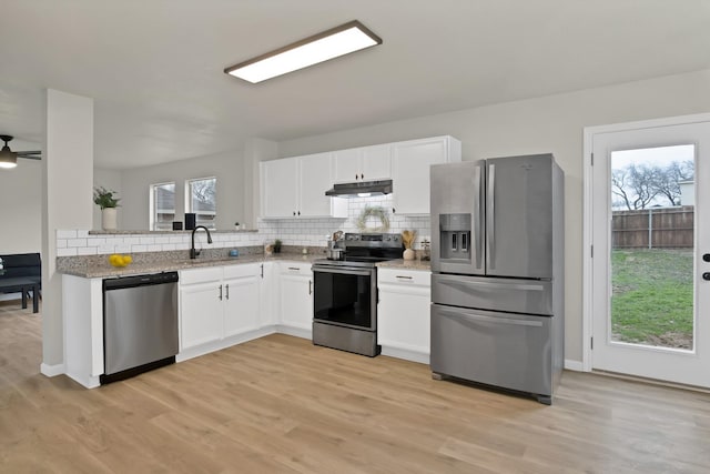 kitchen featuring appliances with stainless steel finishes, a sink, under cabinet range hood, white cabinetry, and backsplash