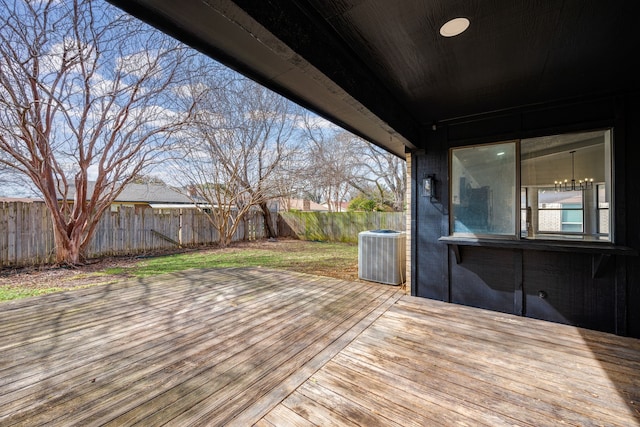 wooden terrace with central AC, a lawn, and a fenced backyard