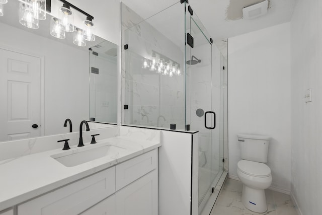 full bath featuring toilet, vanity, baseboards, marble finish floor, and a shower stall