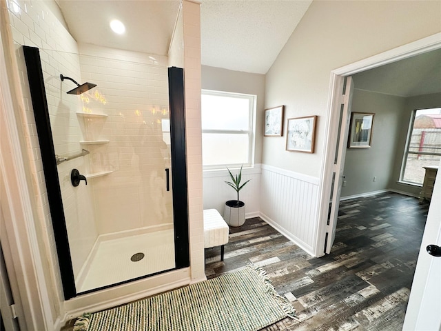 bathroom featuring a wealth of natural light, a shower stall, wood finished floors, and wainscoting