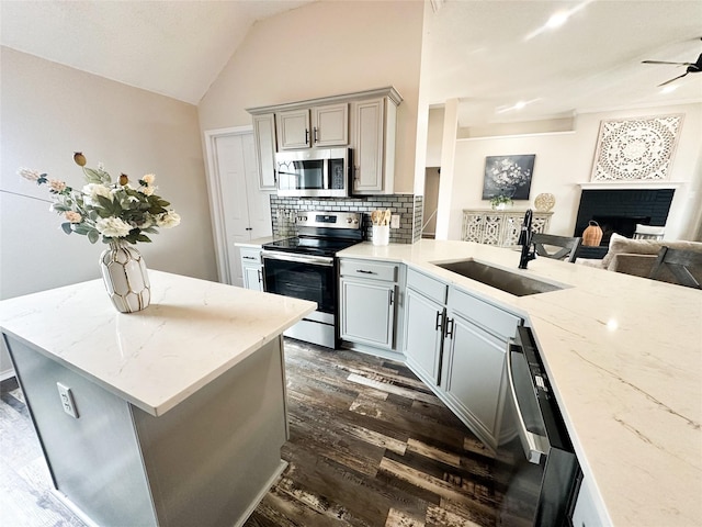 kitchen with stainless steel appliances, a fireplace, a sink, dark wood-style floors, and tasteful backsplash