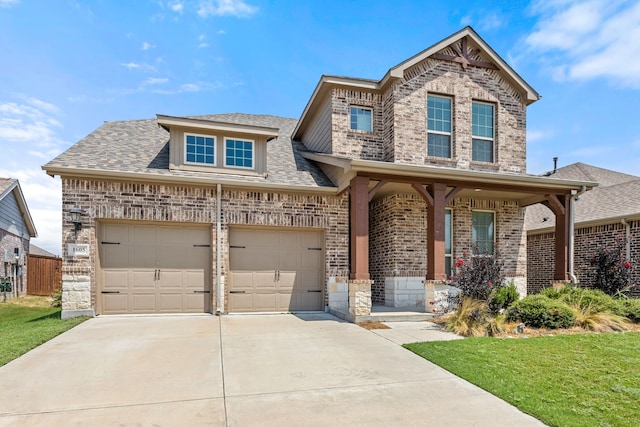 view of front facade with a garage, brick siding, a shingled roof, driveway, and a front lawn