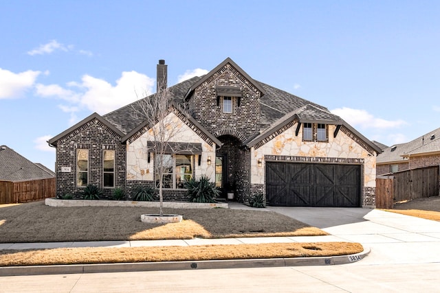 french country inspired facade featuring concrete driveway, brick siding, and stone siding