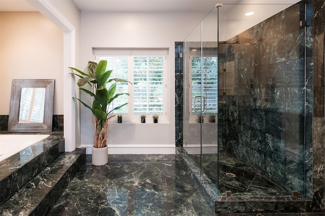 bathroom featuring recessed lighting, marble finish floor, a garden tub, and a marble finish shower