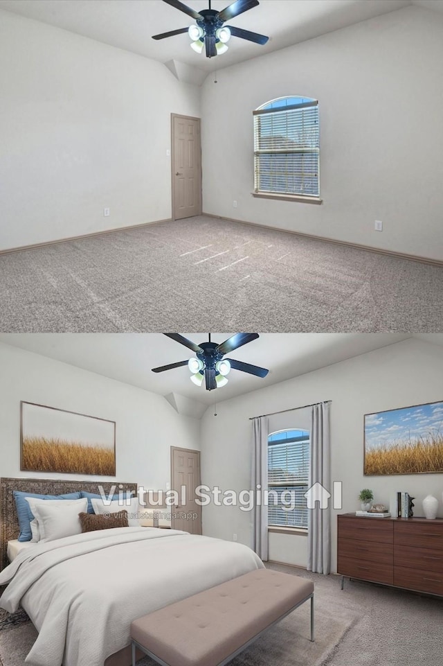 carpeted bedroom featuring lofted ceiling and ceiling fan