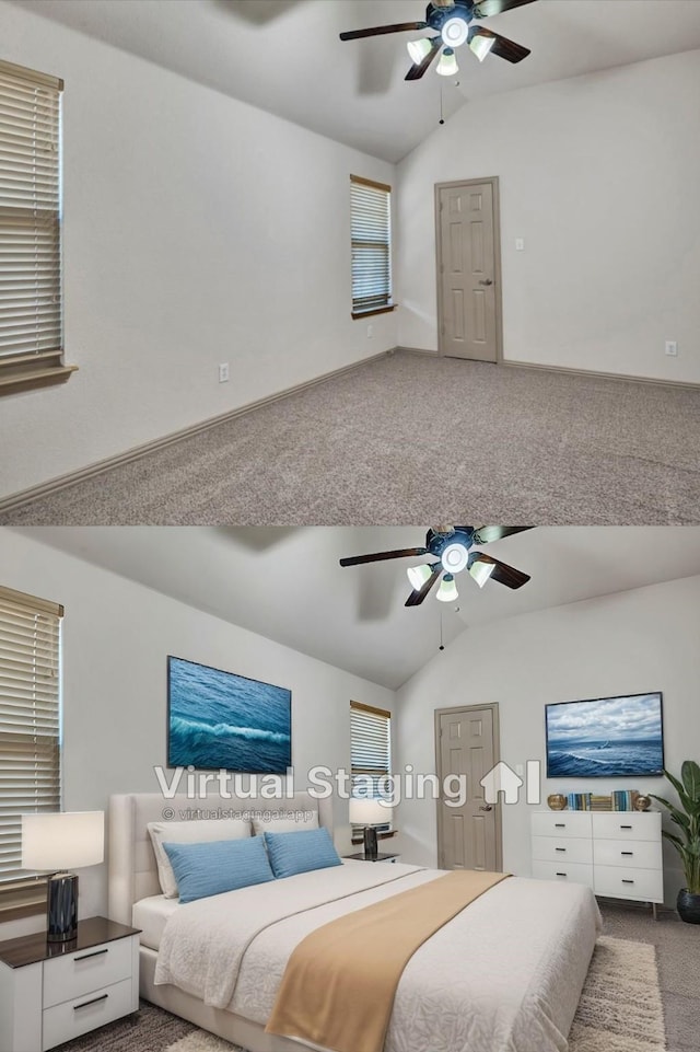 bedroom with lofted ceiling, carpet flooring, and ceiling fan