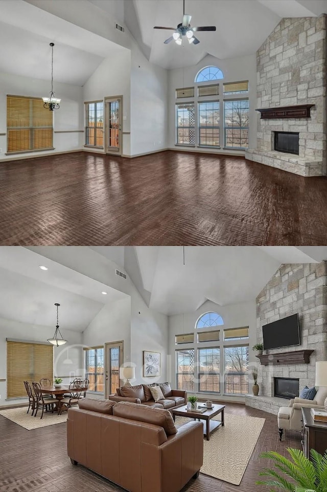 living room featuring visible vents, wood-type flooring, a stone fireplace, high vaulted ceiling, and ceiling fan with notable chandelier