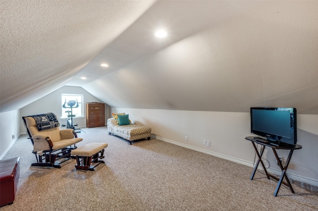 carpeted bedroom featuring recessed lighting, vaulted ceiling, a textured ceiling, and baseboards