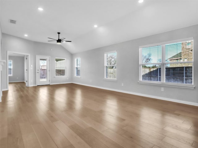 unfurnished living room with a ceiling fan, visible vents, wood finished floors, and recessed lighting