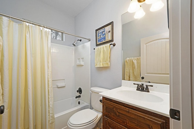 full bath featuring toilet, shower / bath combo with shower curtain, and vanity