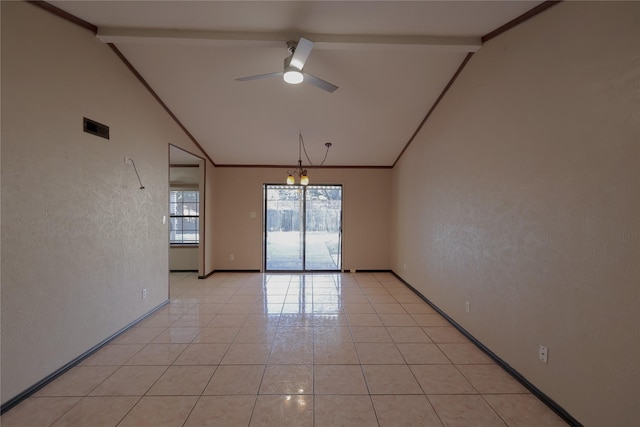 unfurnished room featuring beam ceiling, crown molding, light tile patterned floors, ceiling fan, and baseboards