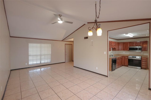 kitchen featuring vaulted ceiling with beams, crown molding, light countertops, appliances with stainless steel finishes, and a sink