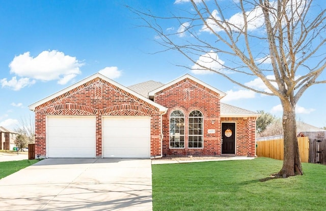 view of front of house with a garage, brick siding, fence, driveway, and a front yard